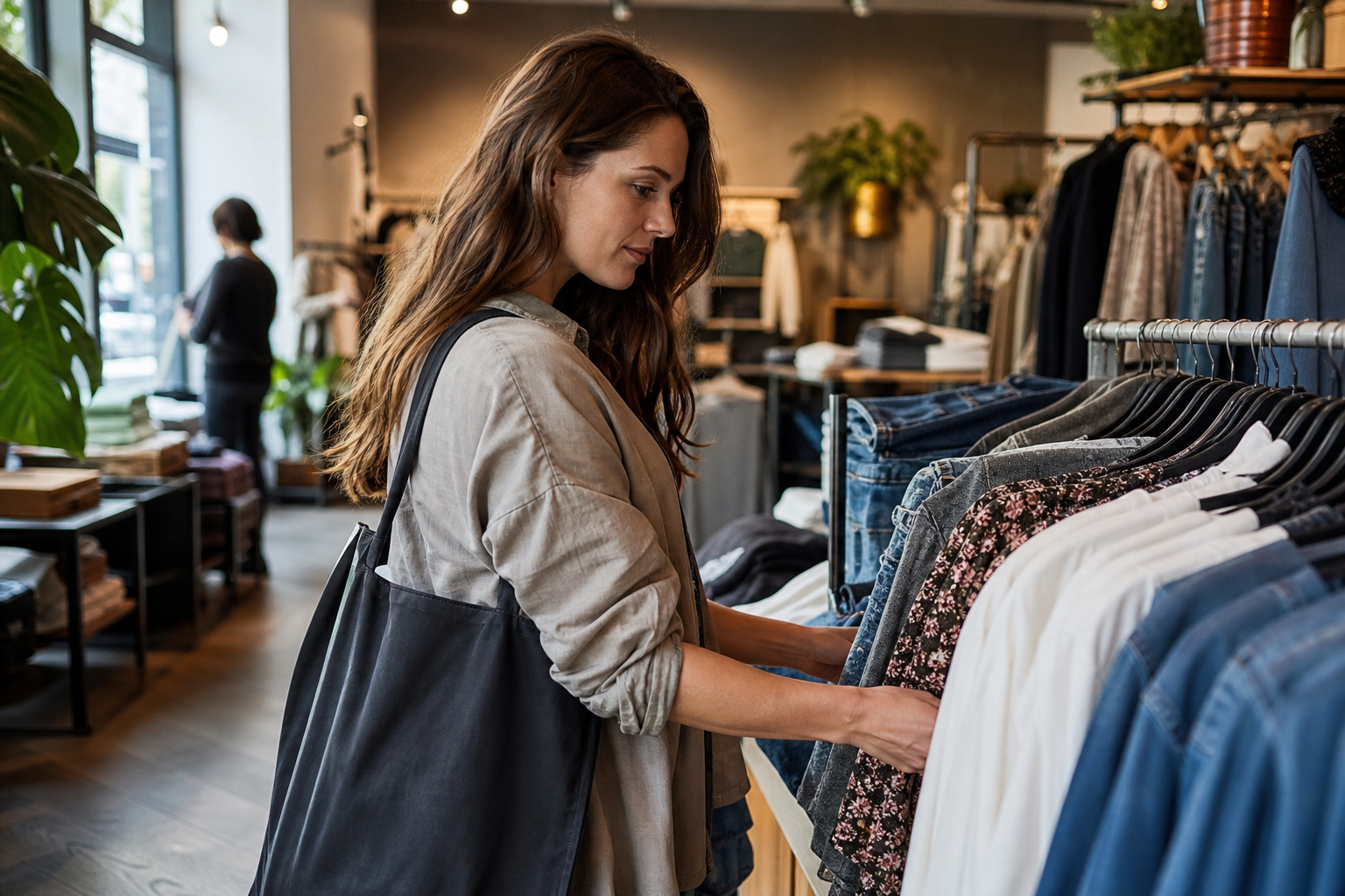 Klant bekijkt kleding aan een rek in een winkel