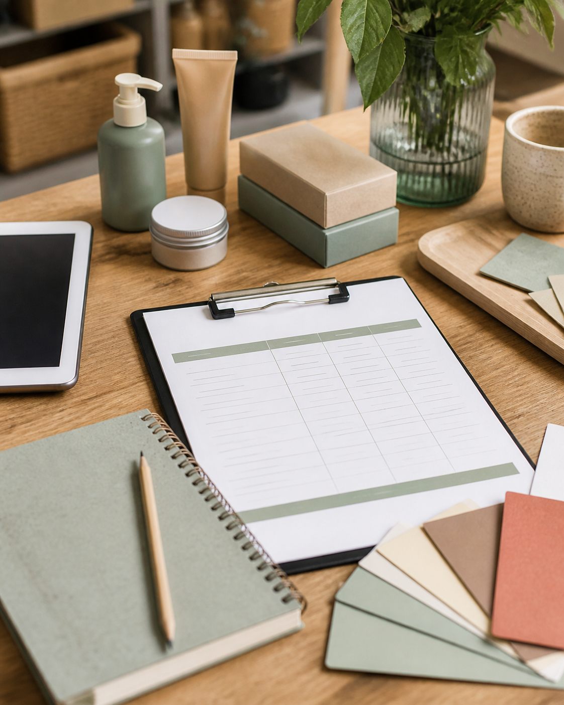 Werktafel met planning, notitieboek en productverpakkingen