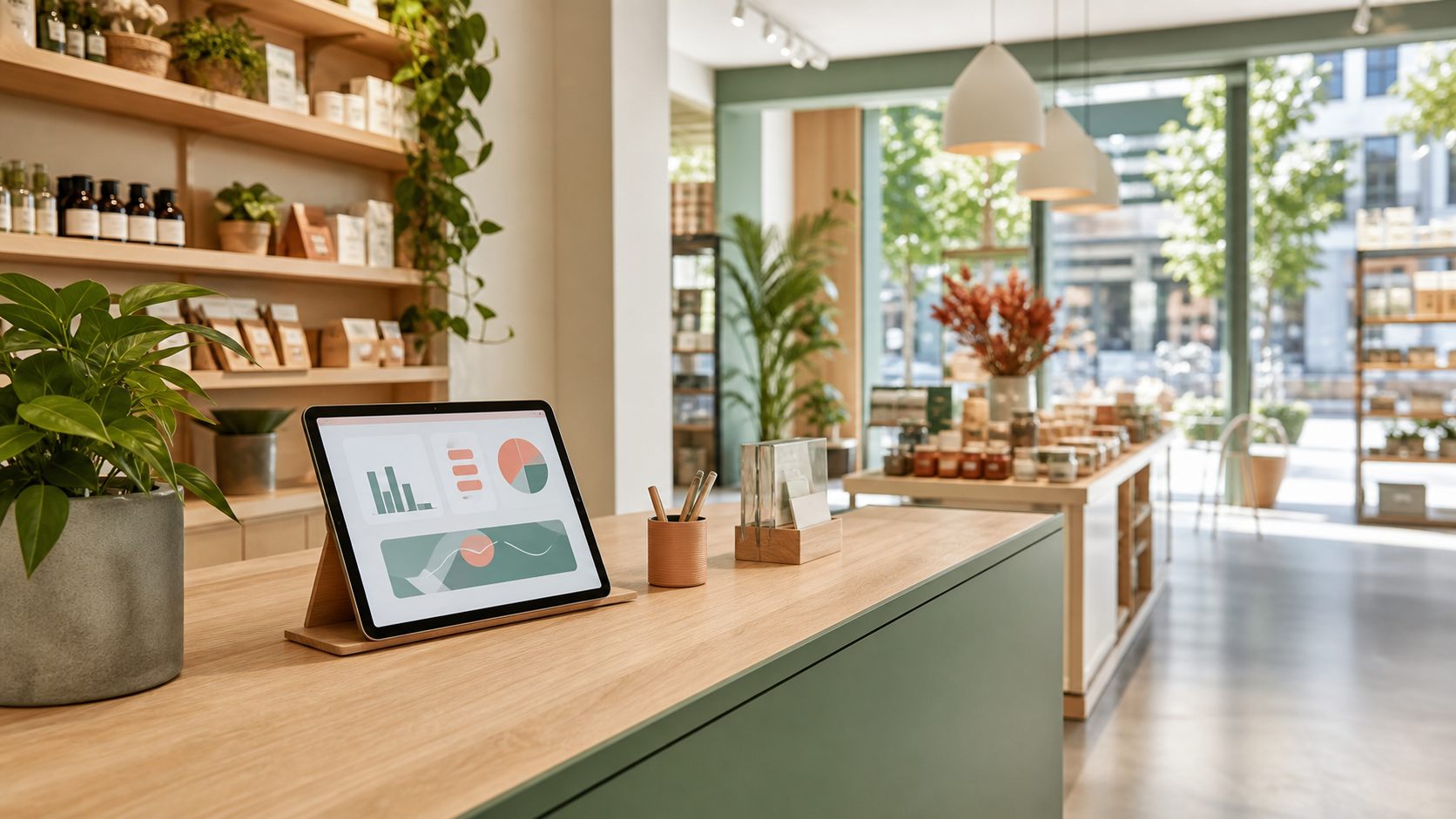 Tablet met grafieken op de toonbank van een lichte winkel