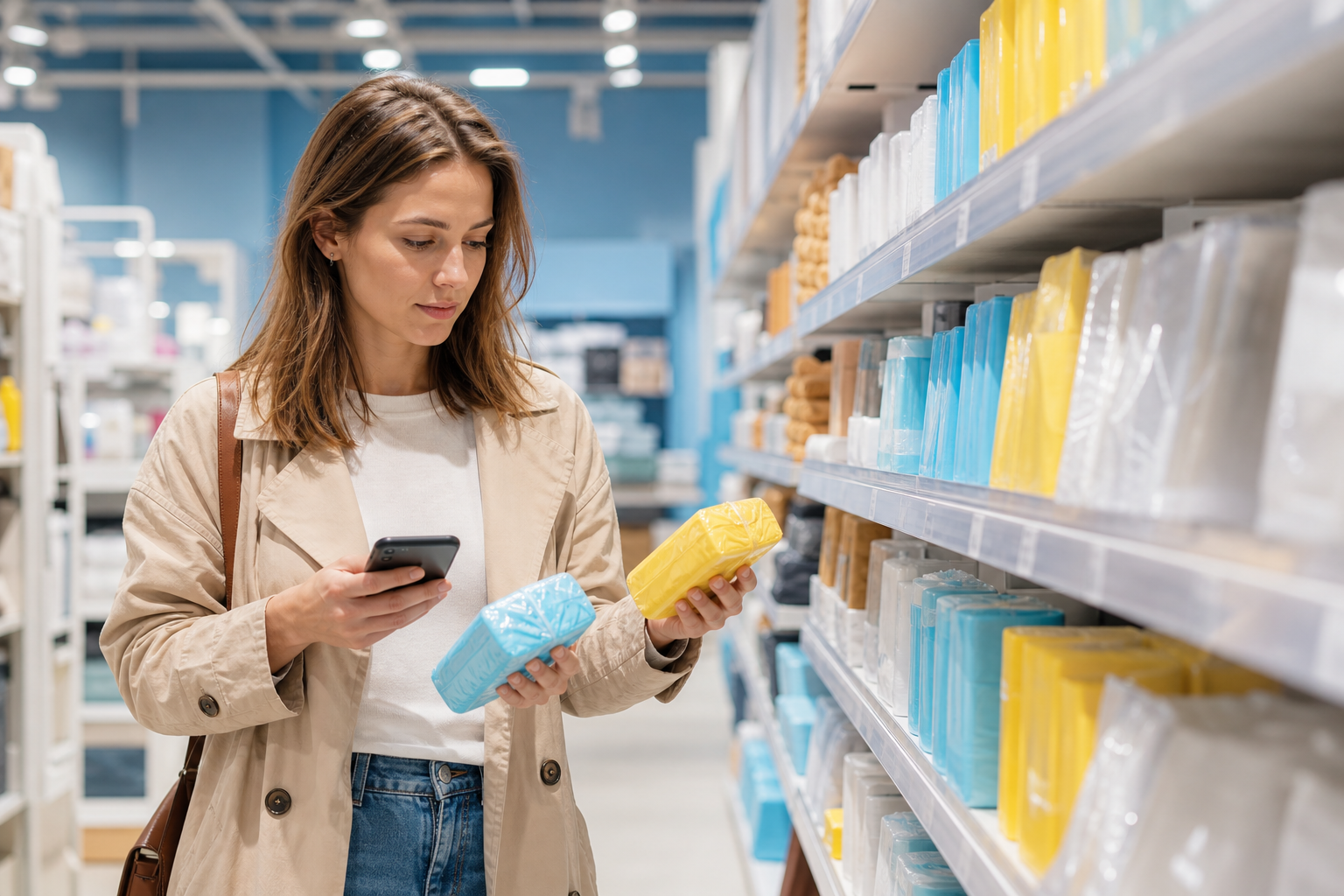 Consument vergelijkt producten met haar telefoon in een winkelpad